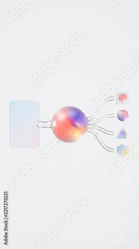 Glass morphism flow chart diagram with gradient sphere and 3d geometric shapes background.