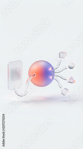 Futuristic glass morphism network diagram with central sphere and geometric shapes display.