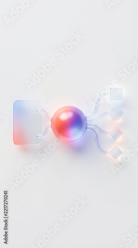 Abstract data connection flow chart with iridescent sphere and geometric shapes background.