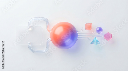Glass node network sphere connected to geometric 3d shapes for abstract data visualization.
