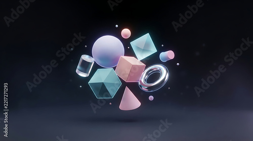 A colorful 3D rendering of geometric shapes floating in space