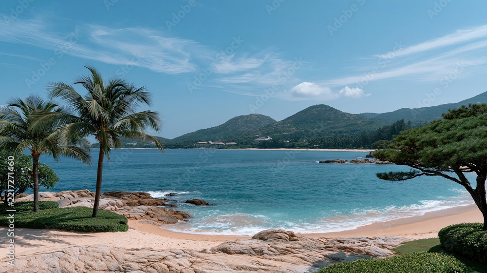 Fototapeta premium Tropical beach with coconut palm trees, turquoise sea waves, blue sky and distant mountains, summer vacation landscape