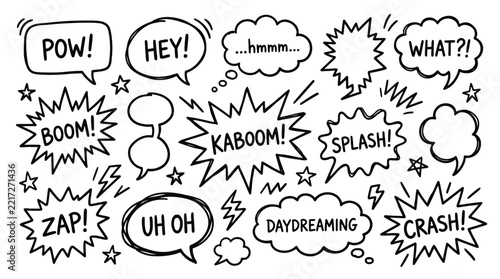 Set of hand drawn comic style speech bubbles with various sound effect text.