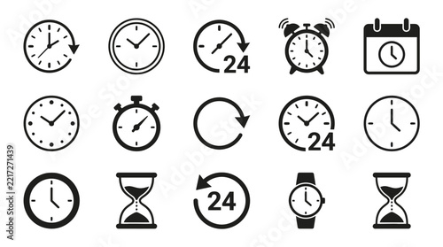 Collection of various time and clock related black icon symbols for business applications.