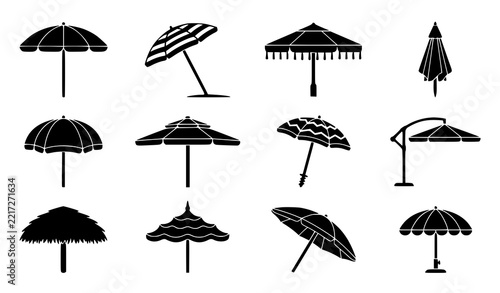 Summer Beach Umbrella Black Silhouette Icon Set Vector Illustration