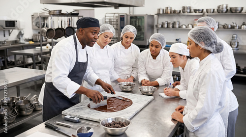 Chef instructor teaches culinary students tempering chocolate in a professional kitchen classroom setting
