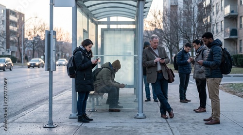 Diverse group of people using smartphones while waiting at a bus stop