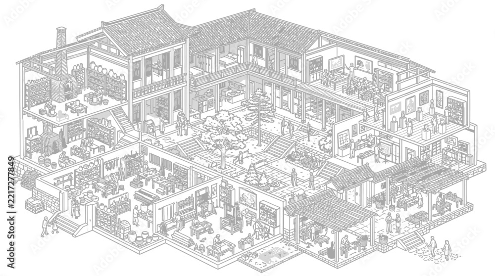Obraz premium Detailed line drawing of a multi-story residential building with interior floor plans exposed to reveal furniture and daily life activities inside each room.