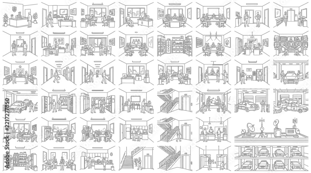 Obraz premium Abstract geometric line art composition showcasing interconnected modular units in a grid-based architectural framework for urban planning visualizations.