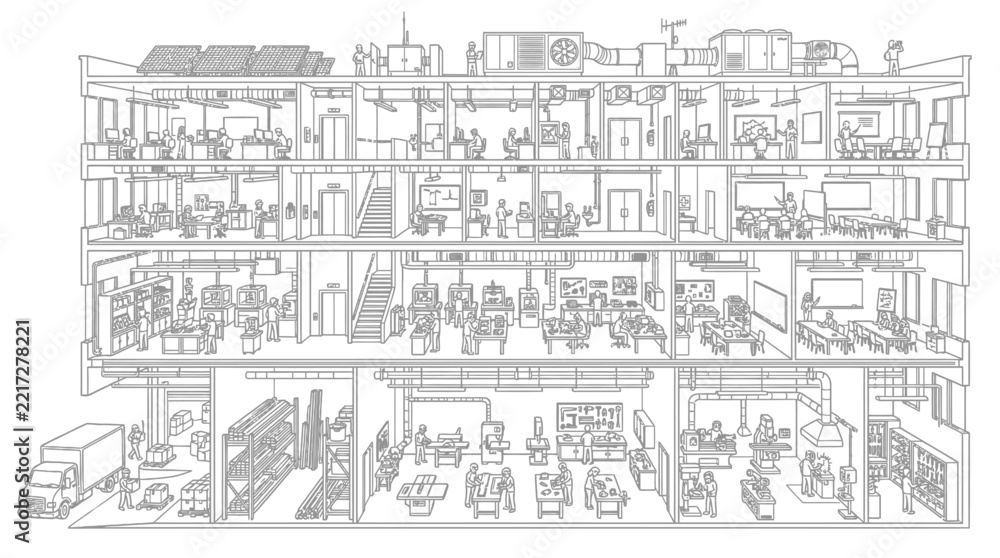 Obraz premium Detailed line drawing explores the interconnected daily lives of residents across a sprawling apartment complex through a cross-sectional narrative approach.
