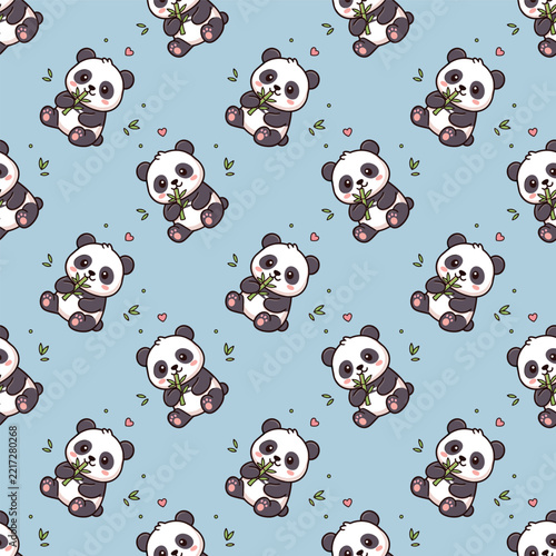 Cute Panda Seamless Pattern with Bamboo and Hearts on Blue Background