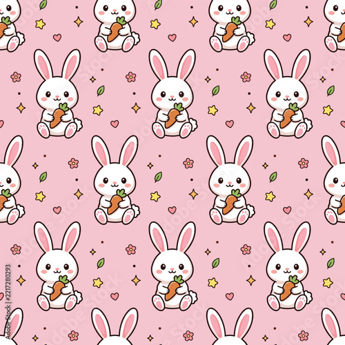 Cute Kawaii Bunny and Carrot Seamless Pattern on Pink Background