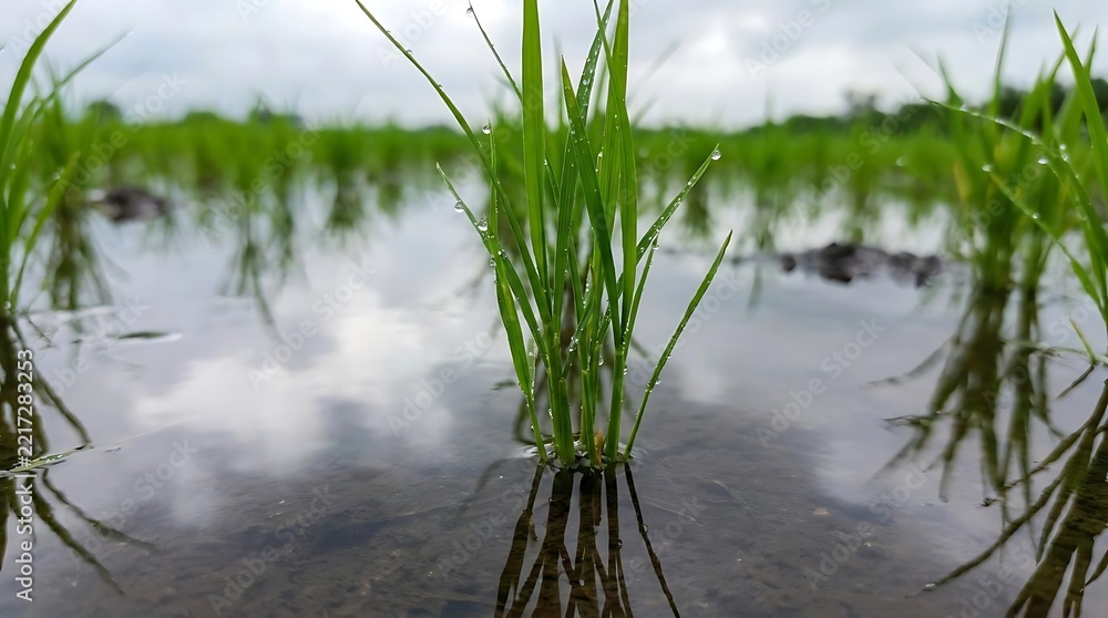 Fototapeta premium Green rice sprouts growing in flooded paddy field.