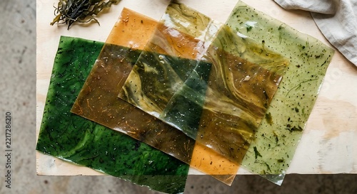 Edible seaweed sheets and kelp films on a wooden table surface