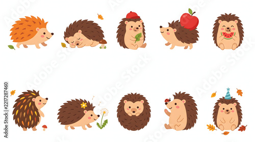 Collection of cute hedgehog characters in various poses with forest leaves and seasonal fruits