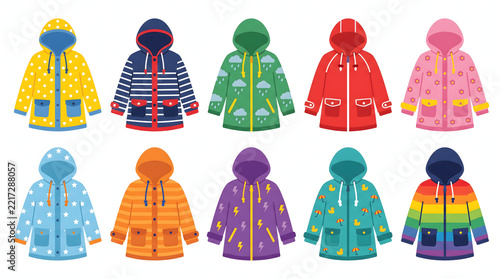 Set of vibrant waterproof rain jackets for kids featuring clouds stars and rainbow patterns