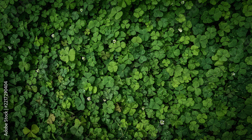 Full frame background texture of dense green clover leaves and tiny white flowers with a subtle vignette
