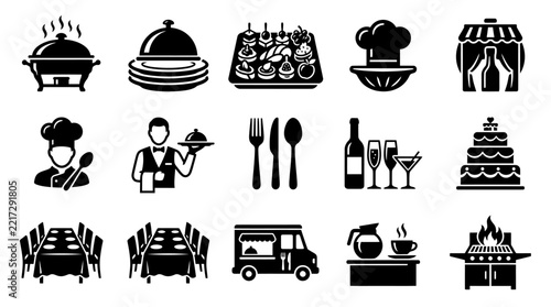 Assorted hospitality catering and restaurant service icons depicting dining buffet and culinary themes with catering restaurant hospitality tableware beverage foodtruck celebration gastronomy