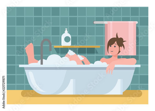 Woman bathing in bathtub. Simple flat illustration