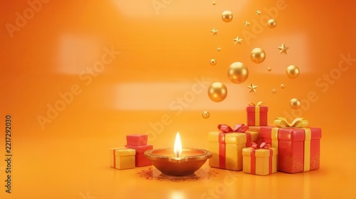 Traditional Diwali Festival Celebration: Illuminating Diya Lamp, Decorative Gift Boxes, Golden Spheres, Bright Orange Background