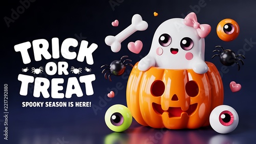 Cute halloween ghost sitting inside a glowing pumpkin with spooky decorations