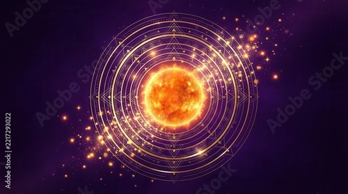 Energetic Glowing Sun or Star at Center with Intricate Sacred Geometry Circles, Cosmic Energy Background, Spiritual Universe.