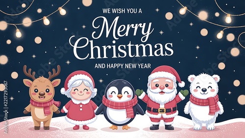 Merry christmas greeting with santa snowman penguin reindeer and festive holiday characters