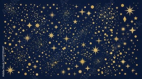 Dazzling Golden Star Confetti Pattern: Abstract Cosmic Night Sky Background for Magical Festive Season Designs.