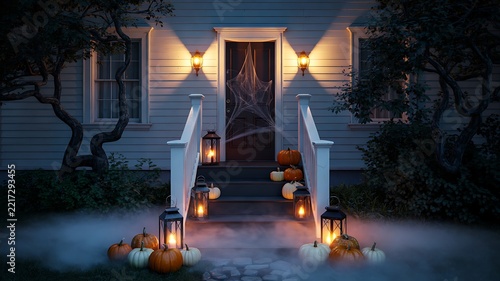 Haunted house entrance decorated with pumpkins and lanterns for halloween night