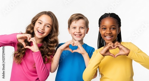 Hearts of Friendship: Three smiling children of diverse ethnicity form heart shapes with their hands, radiating positivity and unity.