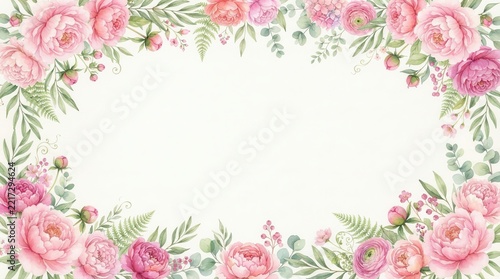 Elegant Watercolor Pink Peonies and Green Foliage Frame, Delicate Botanical Border for Wedding Invitations, Greeting Cards, or Beautiful Spring Designs.