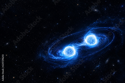 Two neutron stars orbiting in deep space, astronomy and cosmic science concept