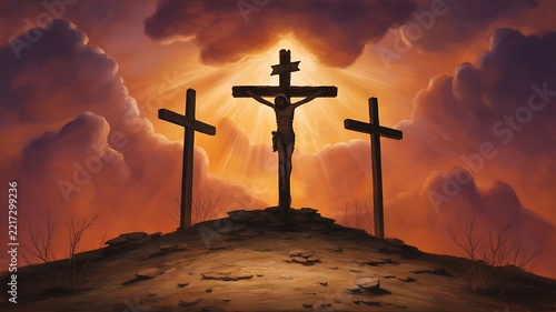 Dramatic christian crucifixion scene with three crosses under a glowing sunset sky