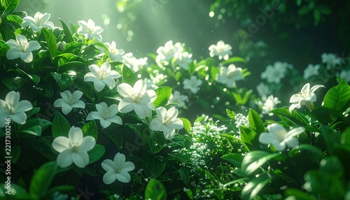White flowers in green foliage sunlight.