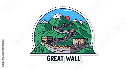 Great Wall of China Landmark Sticker: A vibrant sticker illustration depicts the iconic Great Wall of China winding through majestic green mountains under a clear sky with a setting sun.
