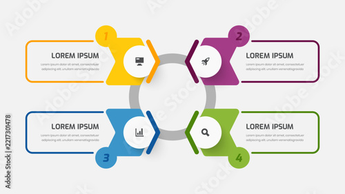 Business Infographic Presentations Template with Arrows, Four Numbers and Icons