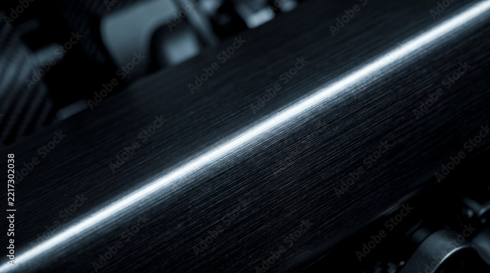 Fototapeta premium Macro close up of sleek brushed black metal surface with diagonal line highlight reflection