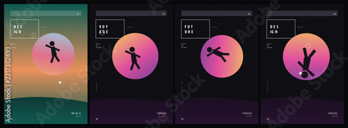 Abstract minimalist poster design featuring stick figure silhouette movements within gradient circles set against a modern dark digital background