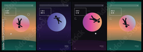 Modern abstract poster design featuring floating human silhouettes and gradient spheres in a minimalist cosmic composition set