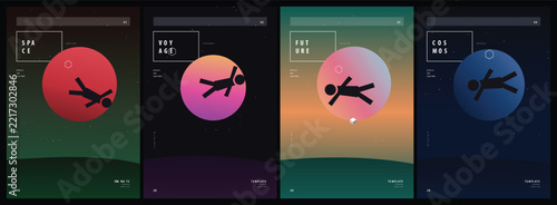 Modern minimalist graphic poster design series featuring abstract floating human silhouettes and vibrant circular gradient backgrounds