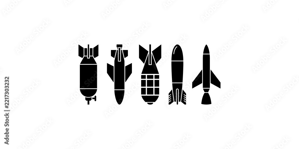 Fototapeta premium Black military bomb and missile silhouettes showing weapon variety for historical document or defense illustration.