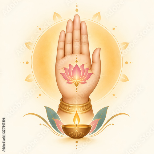 Blessing hand with lotus flower symbol and glowing diya lamp, spiritual light and peaceful meditation concept art