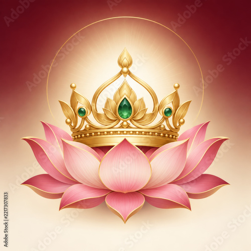 Golden crown with green jewel and pink lotus flower glowing with light on gradient background, symbol of royalty and beauty