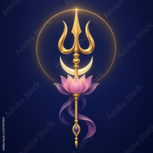 Golden trident with crescent moon and pink lotus flower, glowing halo on dark blue background, spiritual and ceremonial symbol design