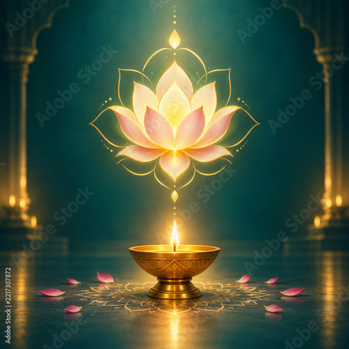 Golden lotus flower glowing above lit brass oil lamp with scattered petals on reflective surface, creating serene and spiritual ambiance