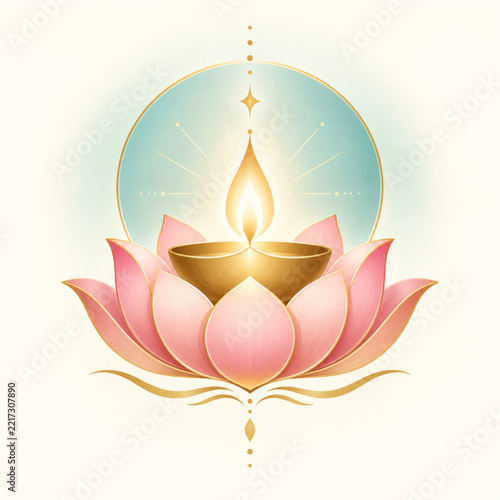 Golden candle flame shines brightly above pink lotus flower with blue circle background, symbolizing peace and spiritual calmness