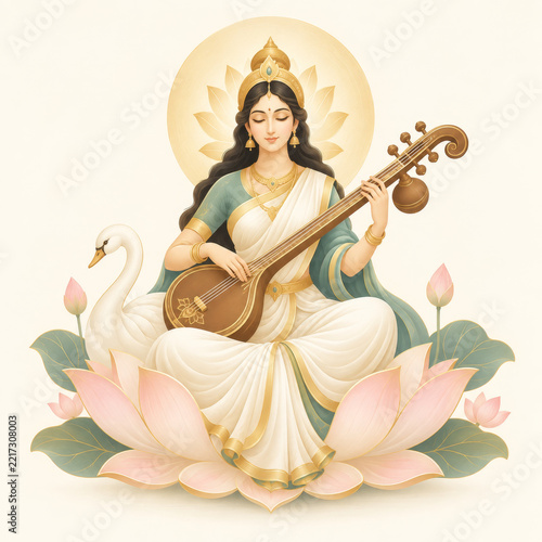 Goddess playing veena with swan sitting on lotus flower surrounded by lotus buds and leaves in serene setting
