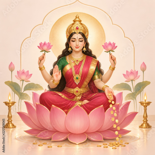 Goddess lotus flower gold coins pink petals traditional jewelry spiritual calm serene