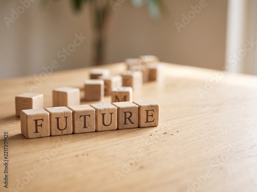 Wooden blocks spelling future on light wooden table for business
