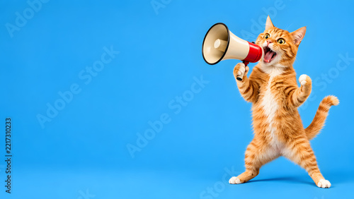A funny cat holding a megaphone and announcing with an isolated colored background